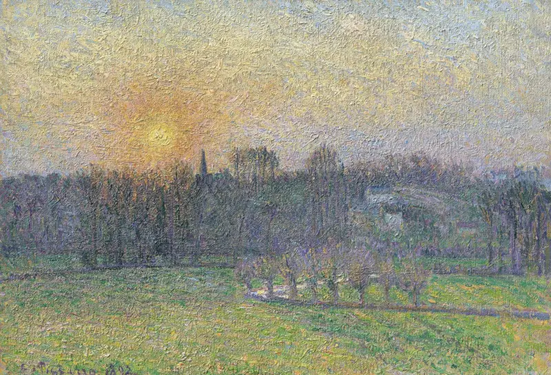 Camiile Pissarro Impressionistischer Sonnenuntergang – Blick auf Bazincourt, Sonnenuntergang